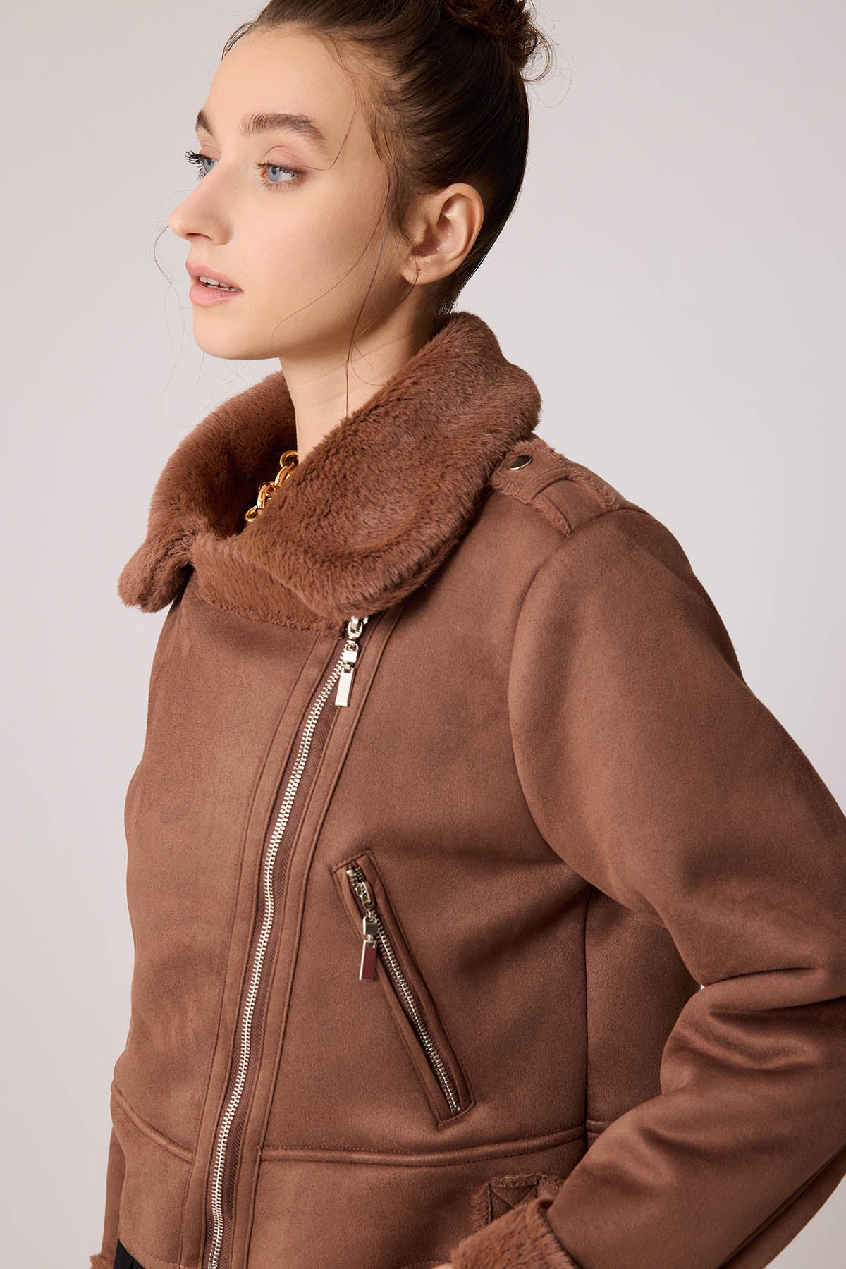 SUET CROP BIKER JACKET WITH FUR