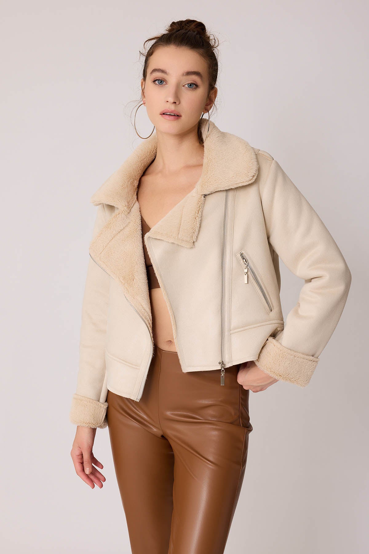 SUET CROP BIKER JACKET WITH FUR