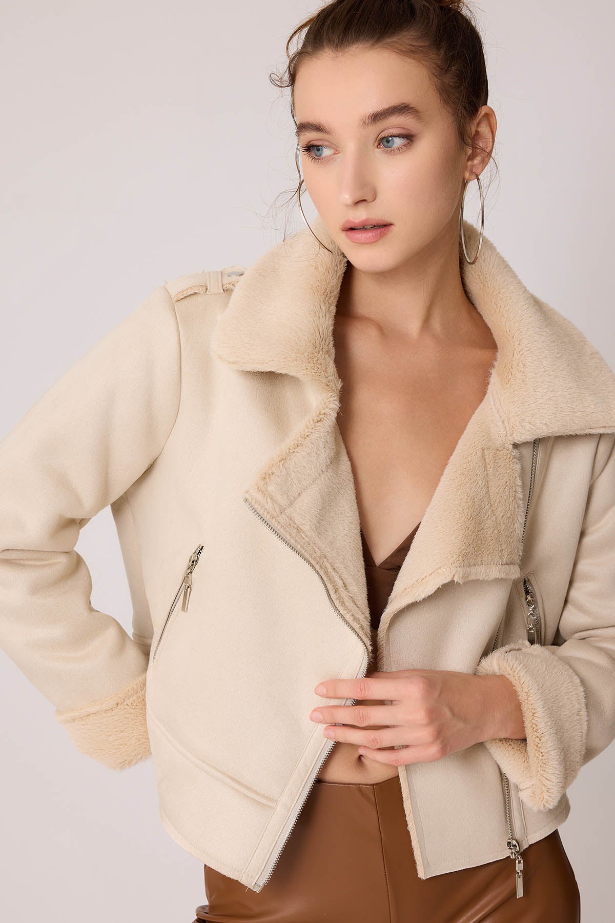 SUET CROP BIKER JACKET WITH FUR
