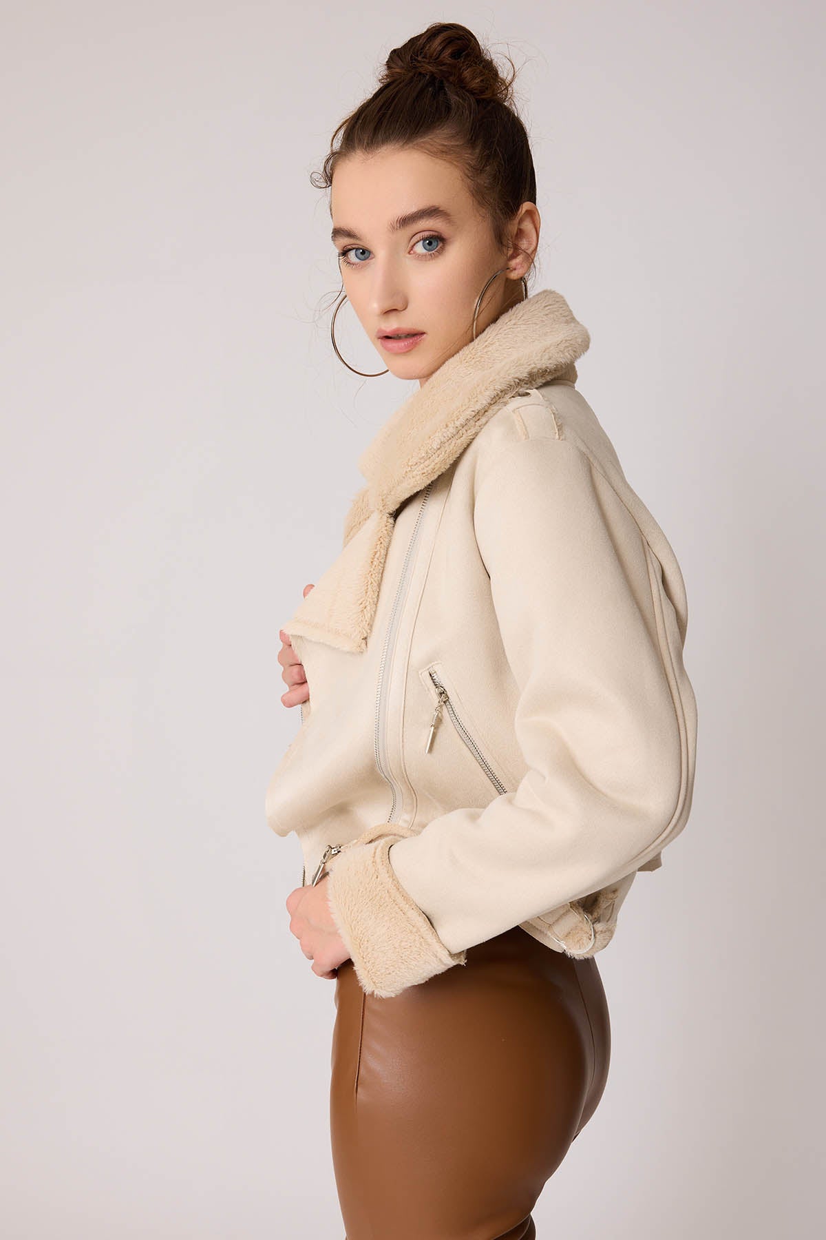 SUET CROP BIKER JACKET WITH FUR