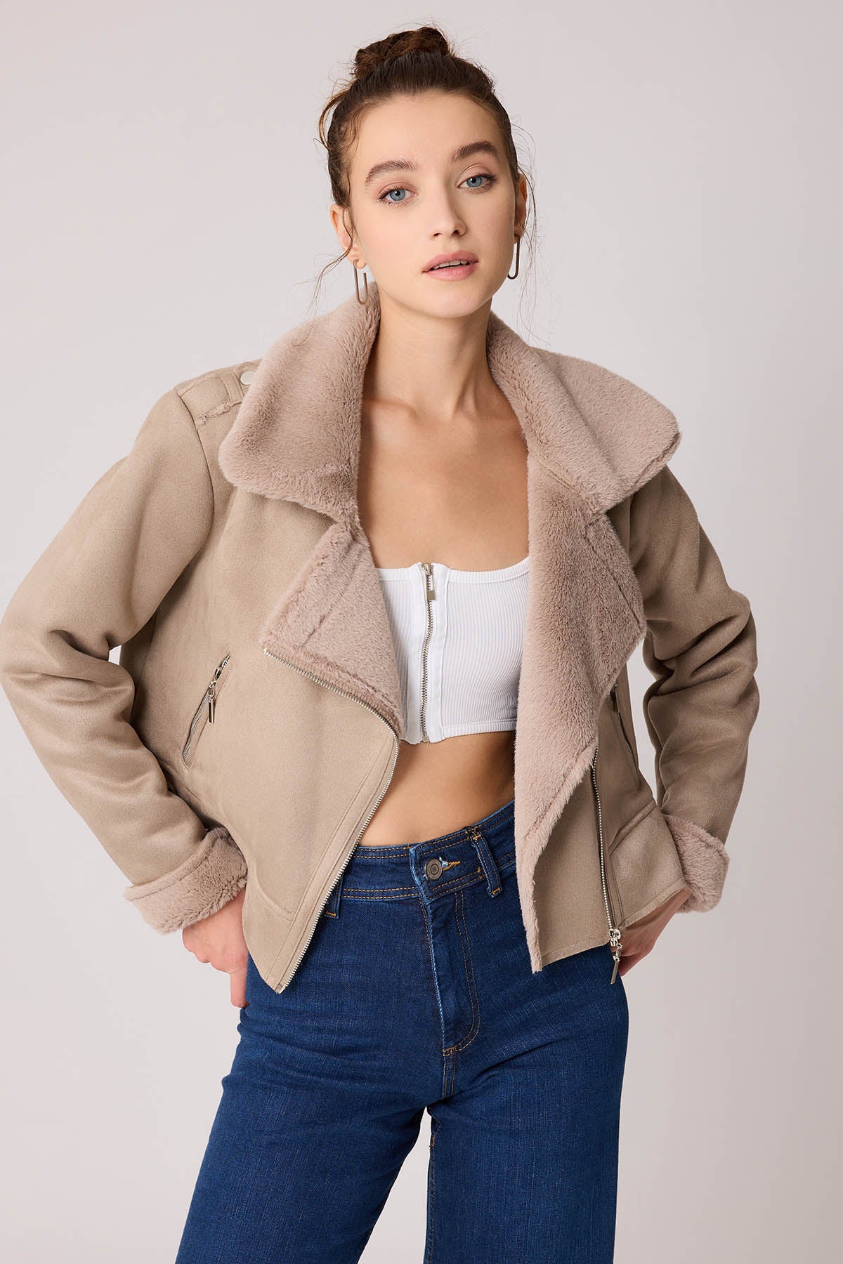 SUET CROP BIKER JACKET WITH FUR