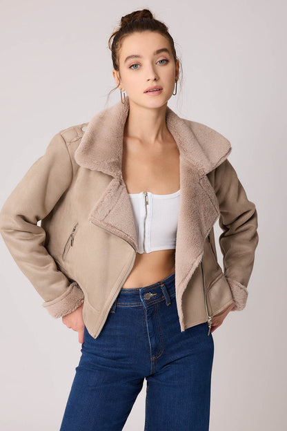 SUET CROP BIKER JACKET WITH FUR