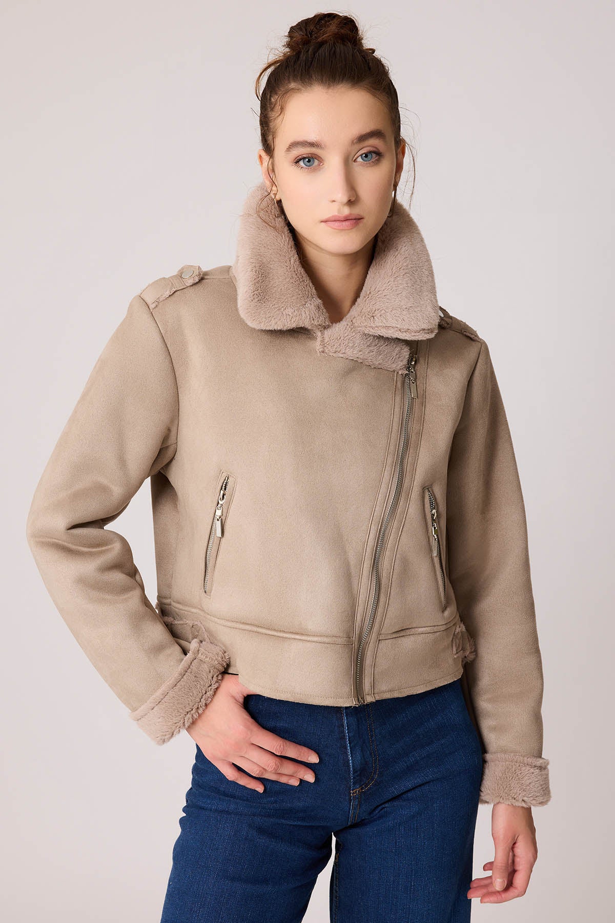 SUET CROP BIKER JACKET WITH FUR