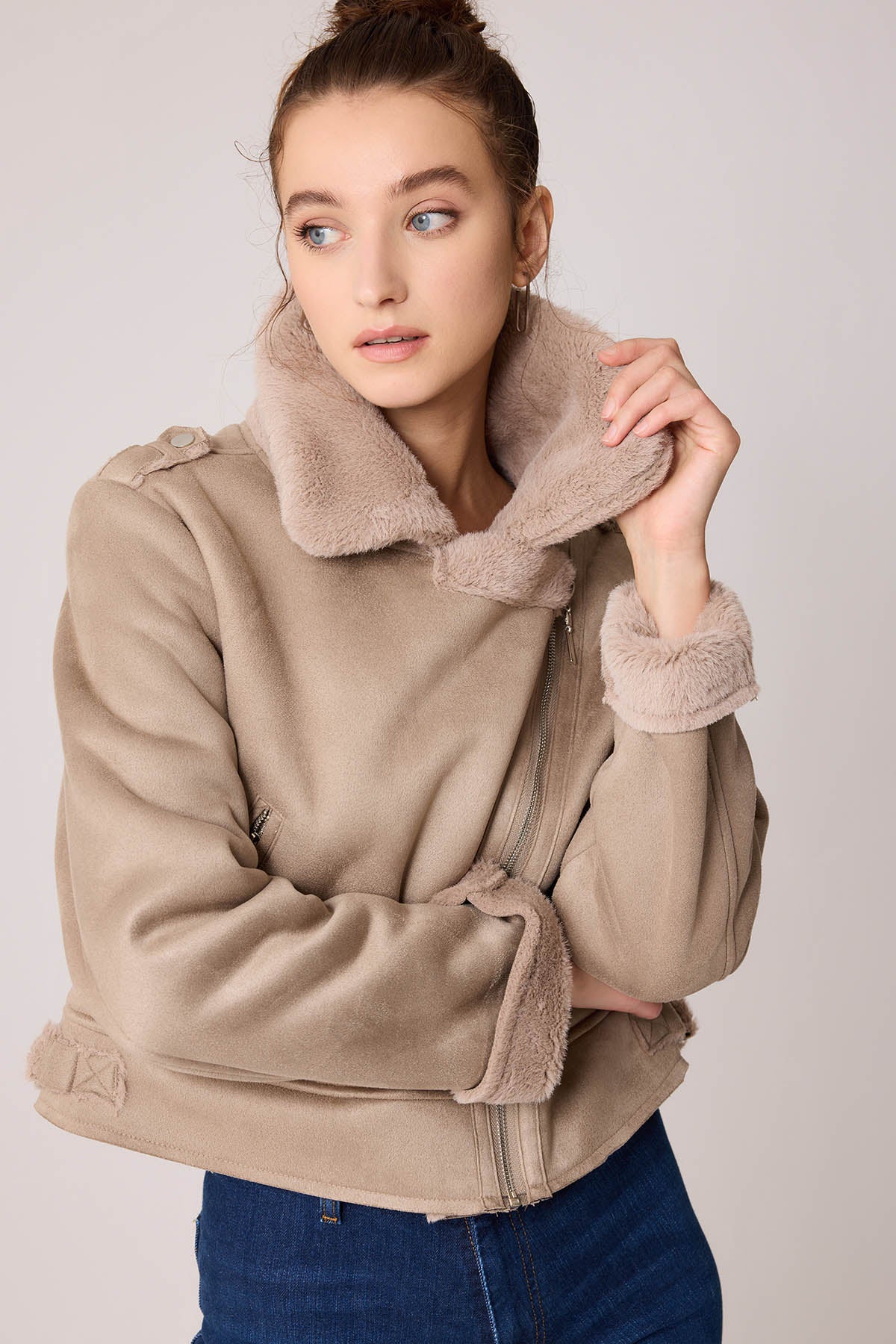 SUET CROP BIKER JACKET WITH FUR