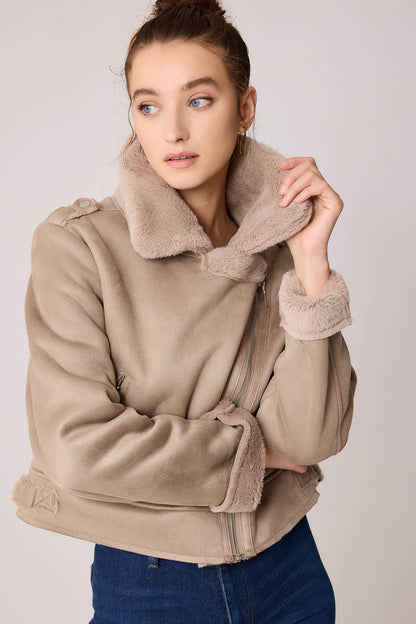 SUET CROP BIKER JACKET WITH FUR