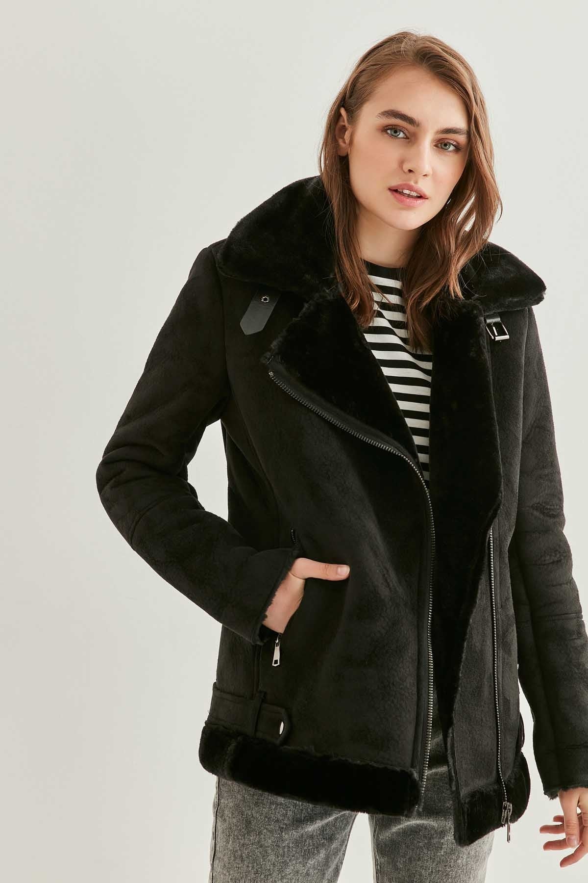 BLACK SUEDE ARTIFICIAL FUR LONG BIKER JACKET