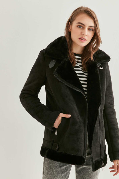 BLACK SUEDE ARTIFICIAL FUR LONG BIKER JACKET