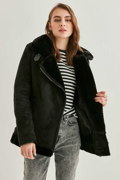 BLACK SUEDE ARTIFICIAL FUR LONG BIKER JACKET