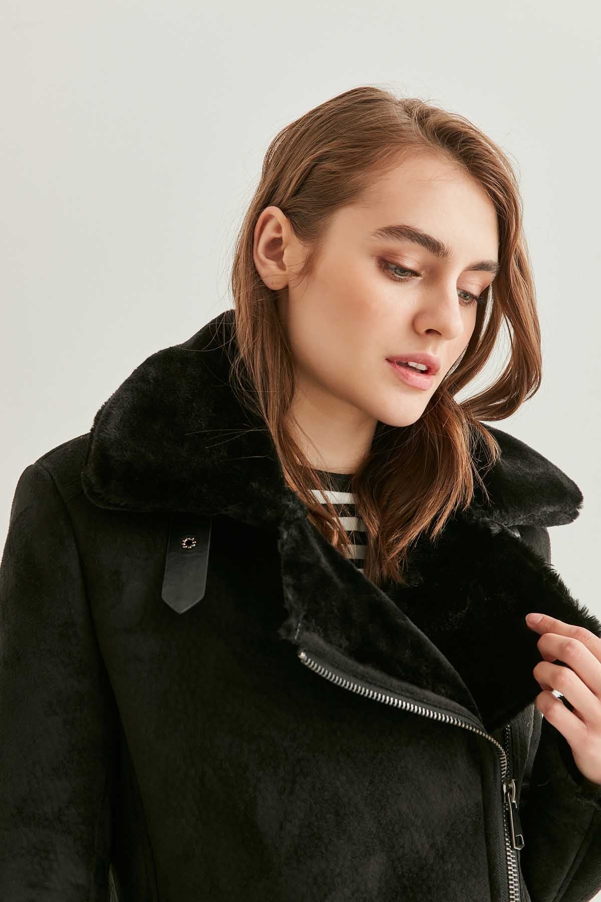 BLACK SUEDE ARTIFICIAL FUR LONG BIKER JACKET