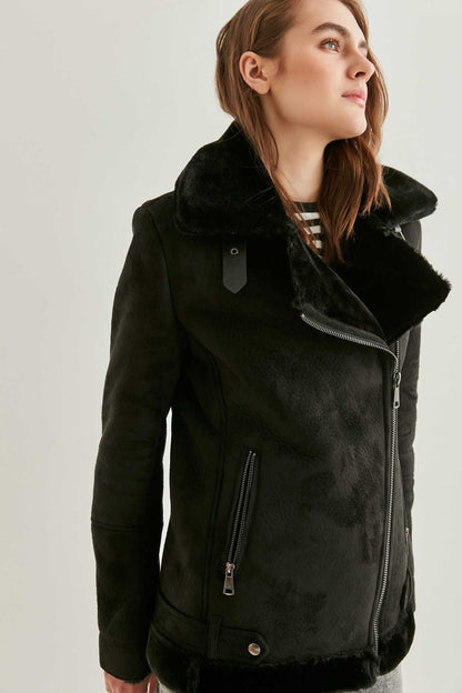 BLACK SUEDE ARTIFICIAL FUR LONG BIKER JACKET