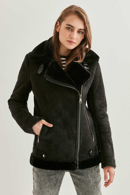 BLACK SUEDE ARTIFICIAL FUR LONG BIKER JACKET