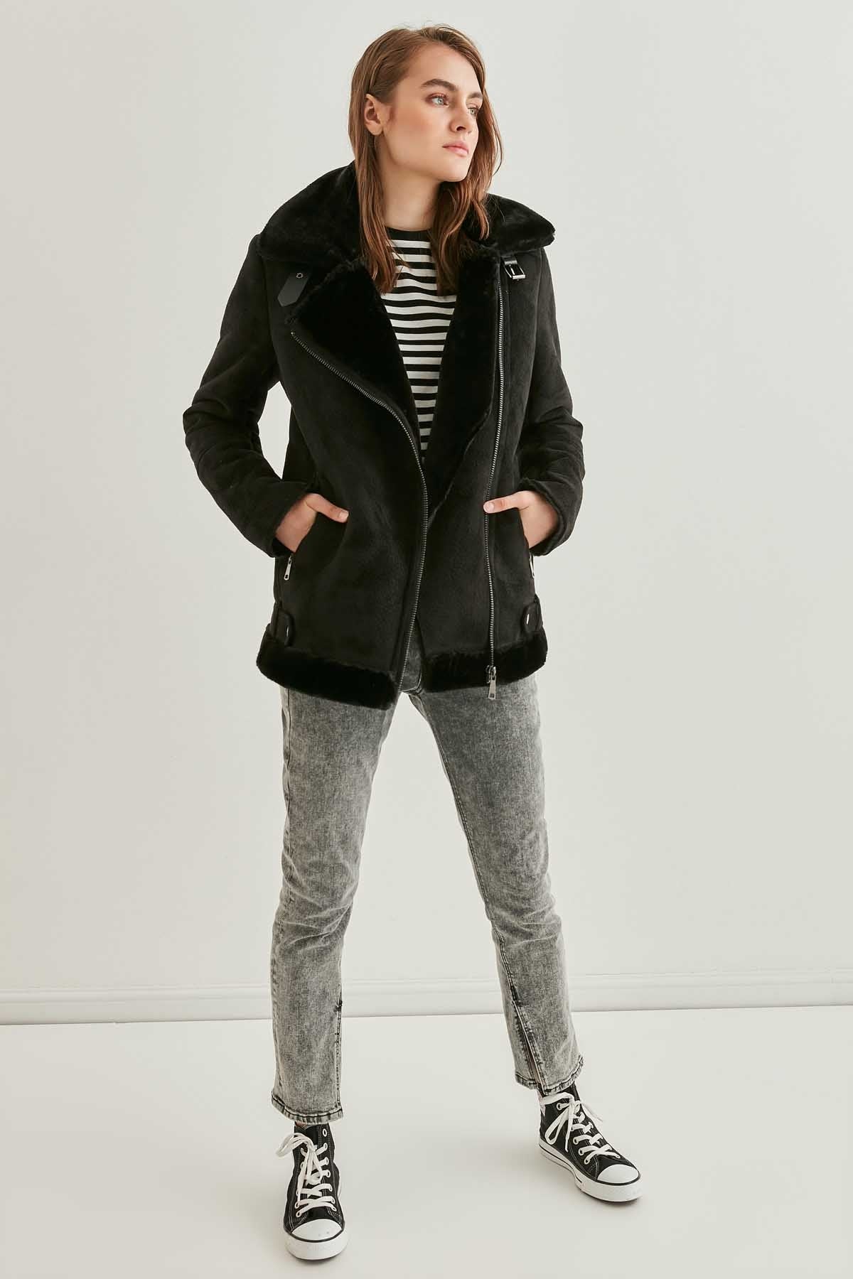 BLACK SUEDE ARTIFICIAL FUR LONG BIKER JACKET