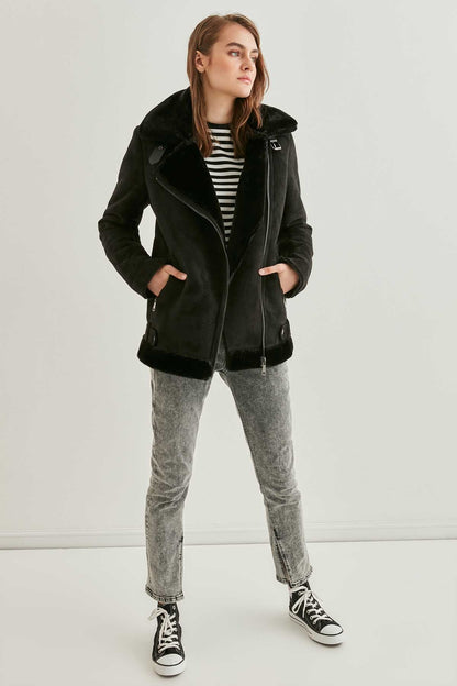 BLACK SUEDE ARTIFICIAL FUR LONG BIKER JACKET