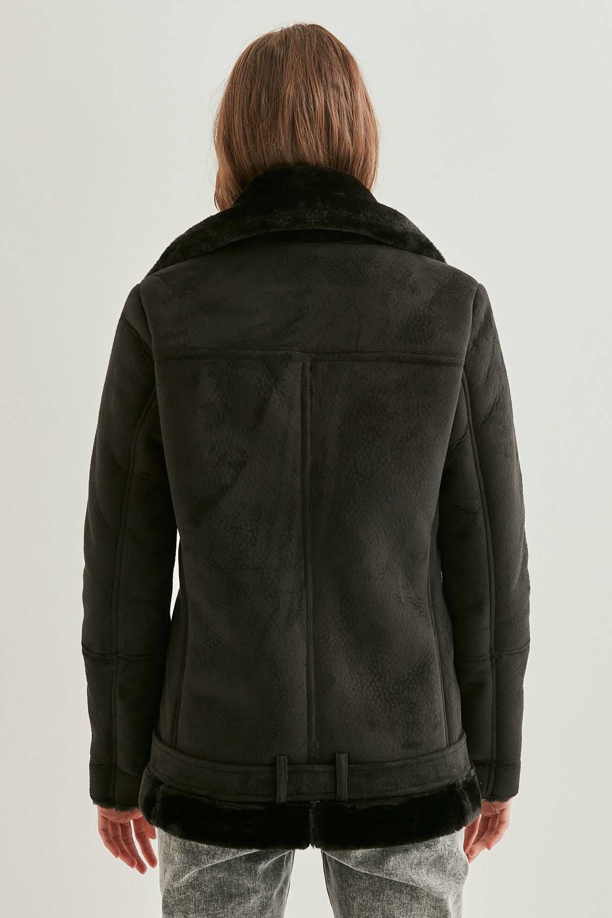 BLACK SUEDE ARTIFICIAL FUR LONG BIKER JACKET