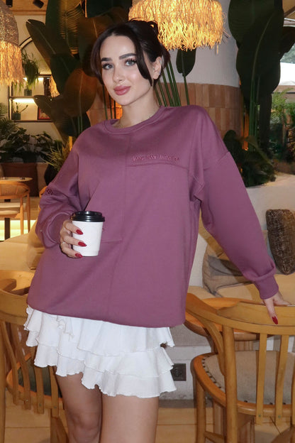 Soft Cherry Compact Cotton Thick Smooth Textured O Collar Oversize Fit Women's Sweatshirt - 97288