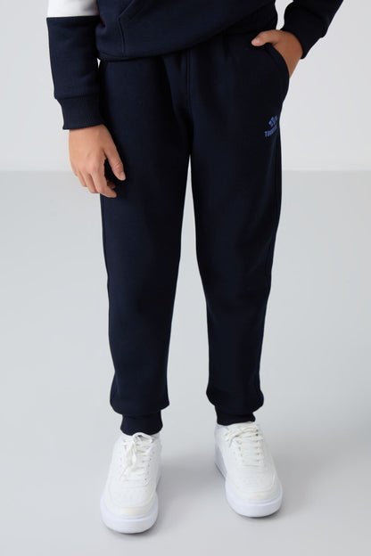 Soft Cherry-Navy Blue Cotton Thick Fleece-Lined Soft Textured Standard Fit Embroidered Boys' Tracksuit Set - 11255