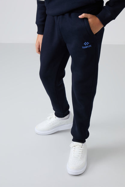 Soft Cherry-Navy Blue Cotton Thick Fleece-Lined Soft Textured Standard Fit Embroidered Boys' Tracksuit Set - 11255
