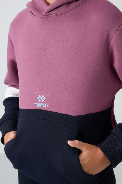Soft Cherry-Navy Blue Cotton Thick Fleece-Lined Soft Textured Standard Fit Embroidered Boys' Tracksuit Set - 11255