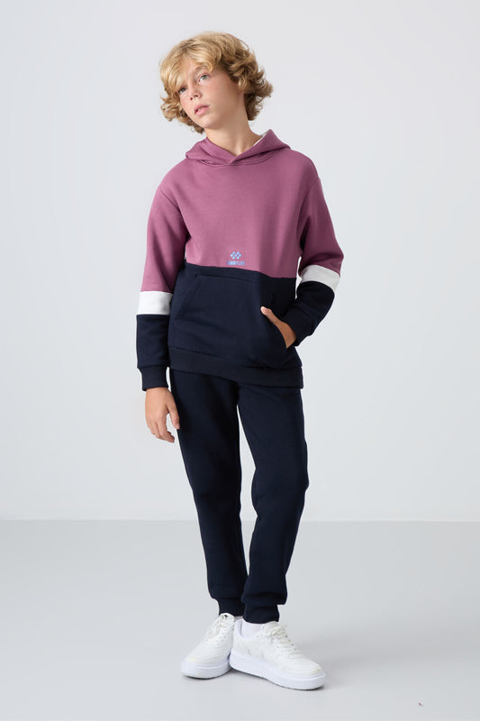 Soft Cherry-Navy Blue Cotton Thick Fleece-Lined Soft Textured Standard Fit Embroidered Boys' Tracksuit Set - 11255