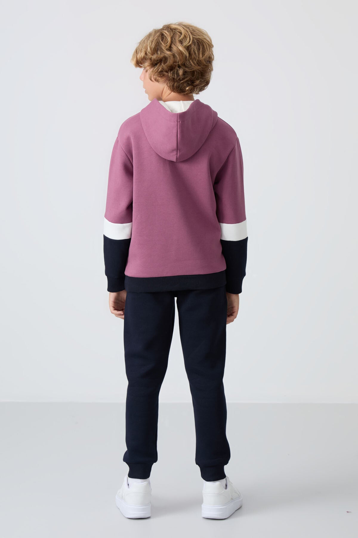 Soft Cherry-Navy Blue Cotton Thick Fleece-Lined Soft Textured Standard Fit Embroidered Boys' Tracksuit Set - 11255