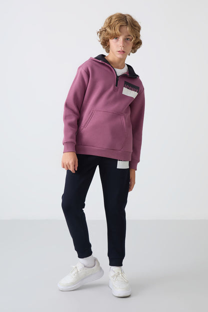 Soft Cherry-Navy Blue Cotton Thick Inner Fleece Soft Textured Standard Fit Printed Boys' Tracksuit Set - 11246