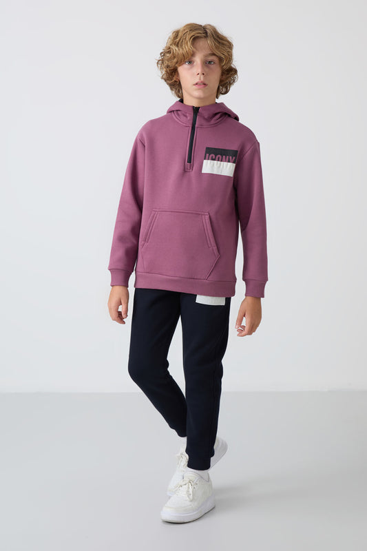Soft Cherry-Navy Blue Cotton Thick Inner Fleece Soft Textured Standard Fit Printed Boys' Tracksuit Set - 11246