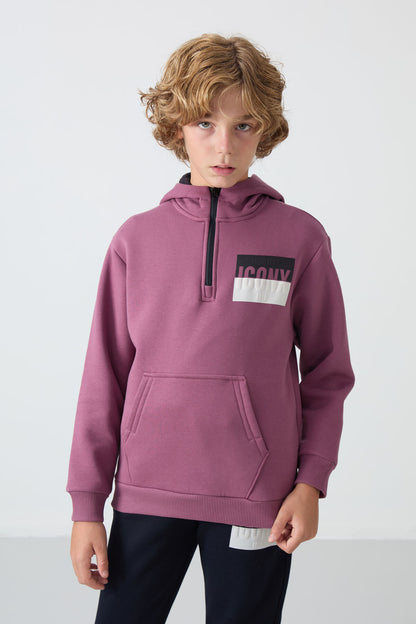 Soft Cherry-Navy Blue Cotton Thick Inner Fleece Soft Textured Standard Fit Printed Boys' Tracksuit Set - 11246