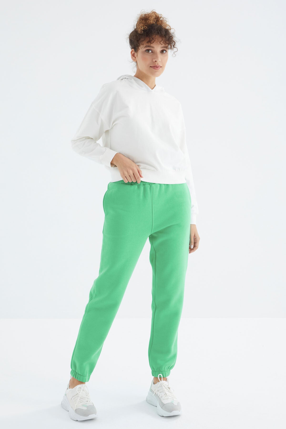 Forest Green High Waist Brushed 3-Thread Cotton Basic Women's Tracksuit Bottom - 94624