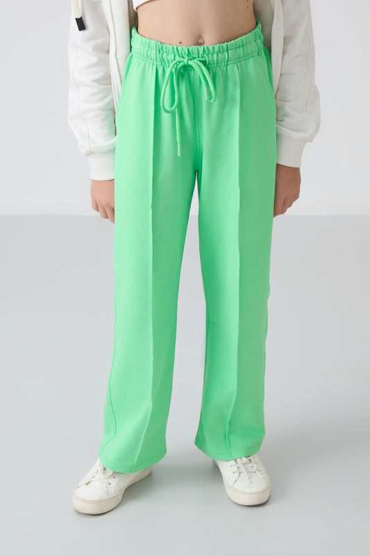 Light Green Pocketed Front Seam Detailed Wide Leg Girls' Tracksuit Bottom -75144