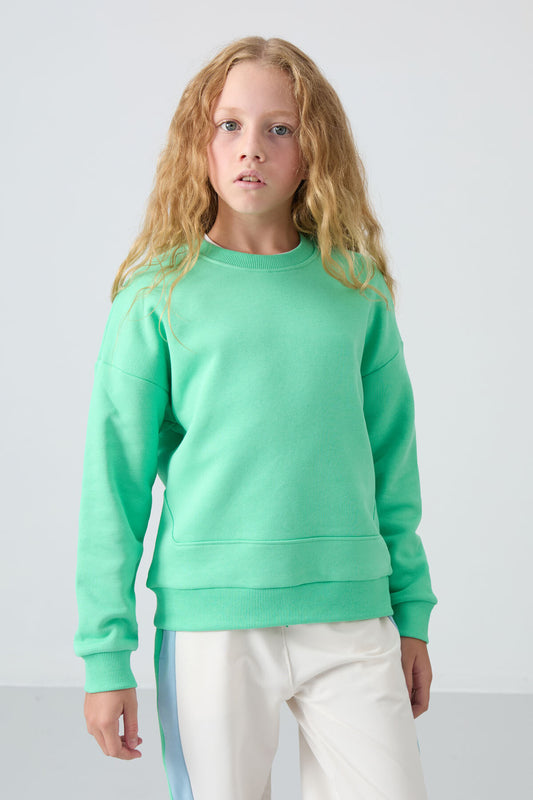 Light Green Cotton Fleece-Lined Soft Textured Oversize Embroidered Girls' Sweatshirt - 75150