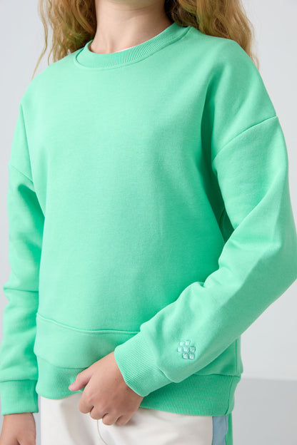 Light Green Cotton Fleece-Lined Soft Textured Oversize Embroidered Girls' Sweatshirt - 75150