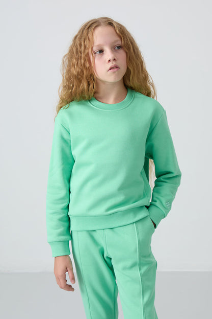 Light Green Cotton Fleece-Lined Soft Textured Oversize Embroidered Girls' Tracksuit Set - 75145