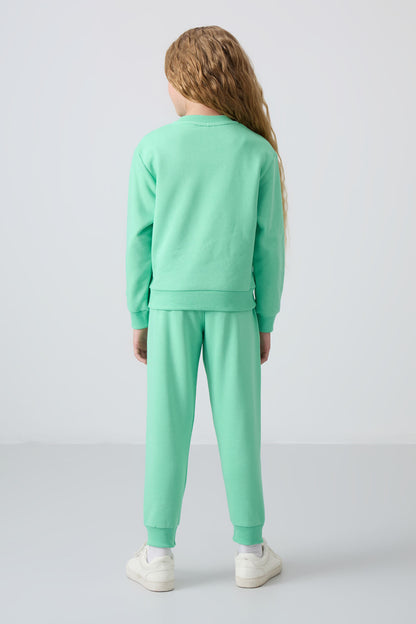 Light Green Cotton Fleece-Lined Soft Textured Oversize Embroidered Girls' Tracksuit Set - 75145