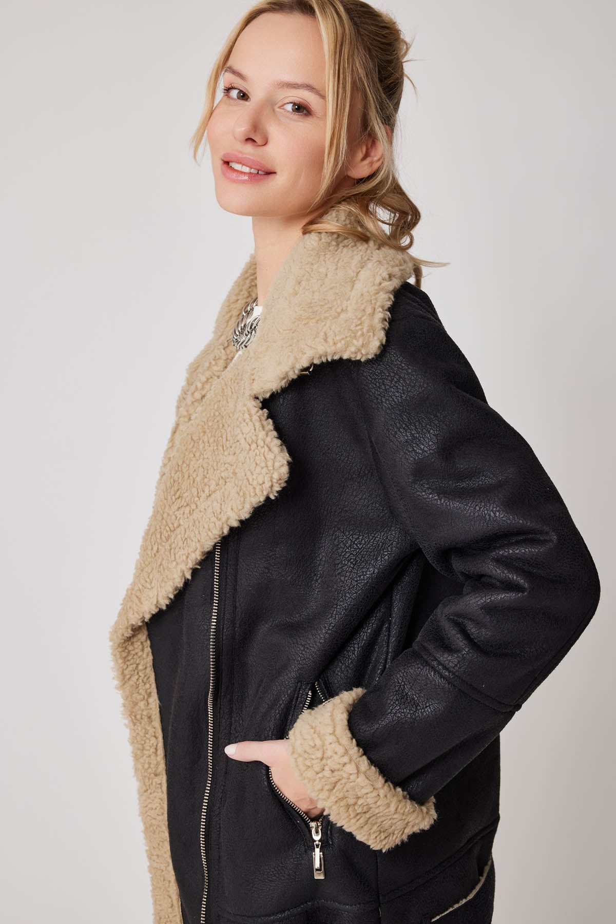 FUR DETAILED LONG BIKER JACKET