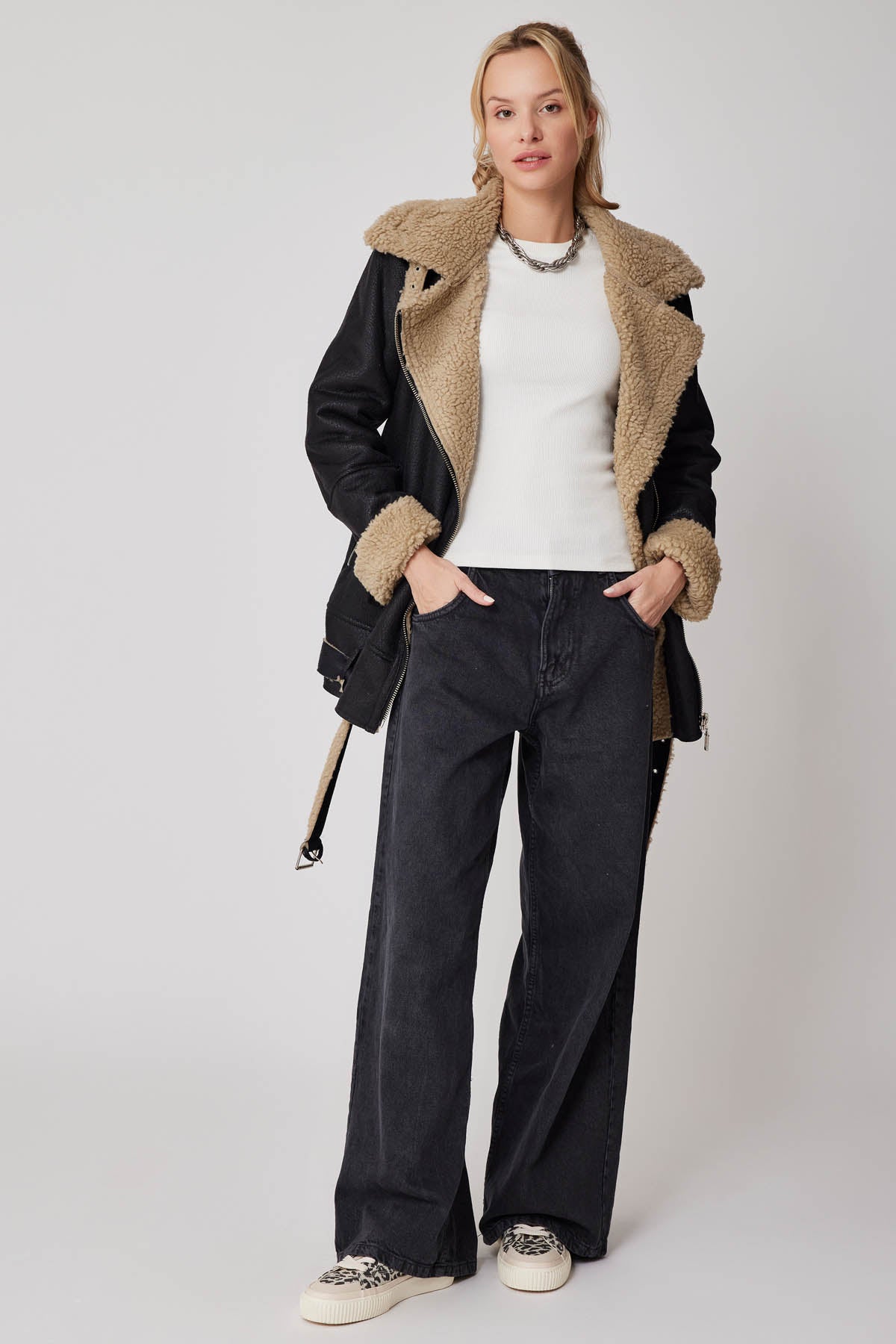 FUR DETAILED LONG BIKER JACKET
