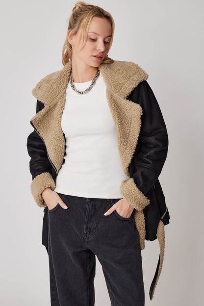 FUR DETAILED LONG BIKER JACKET