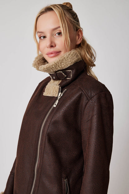 FUR DETAILED LONG BIKER JACKET