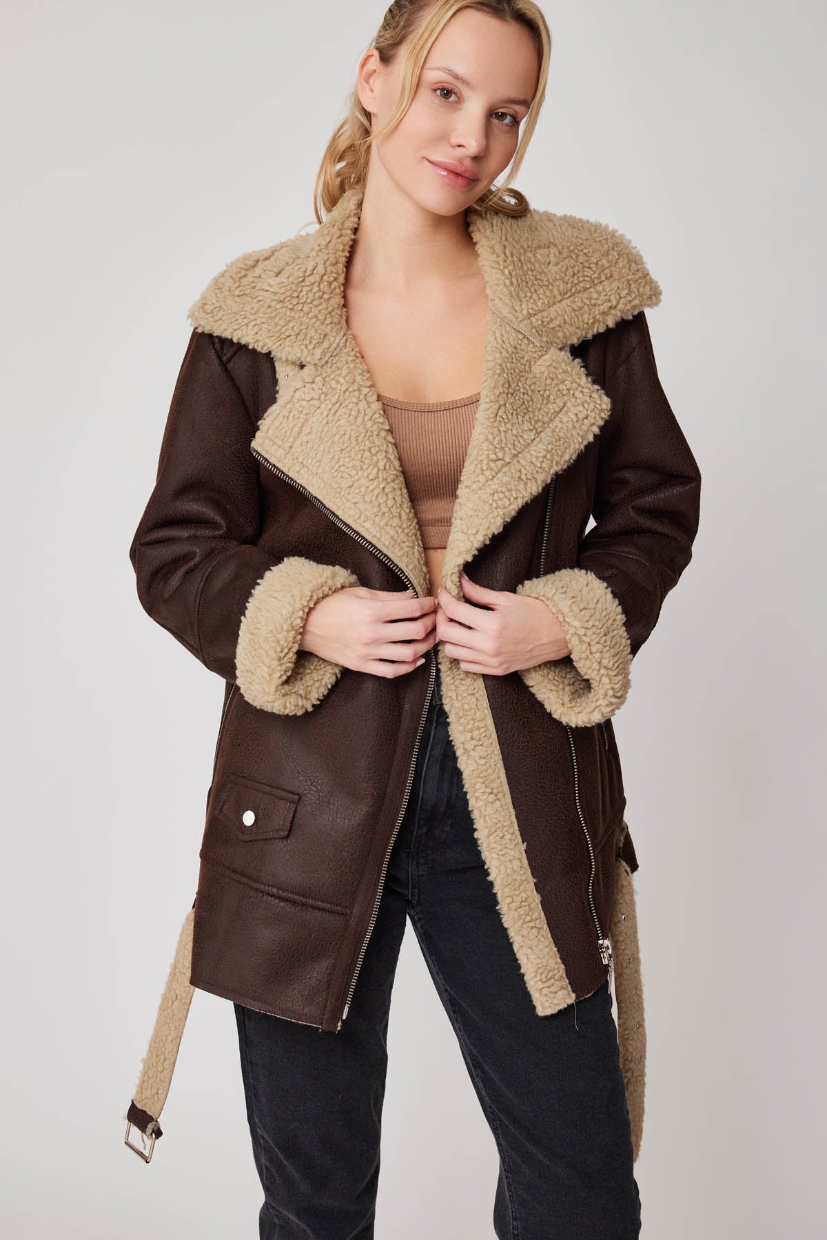 FUR DETAILED LONG BIKER JACKET