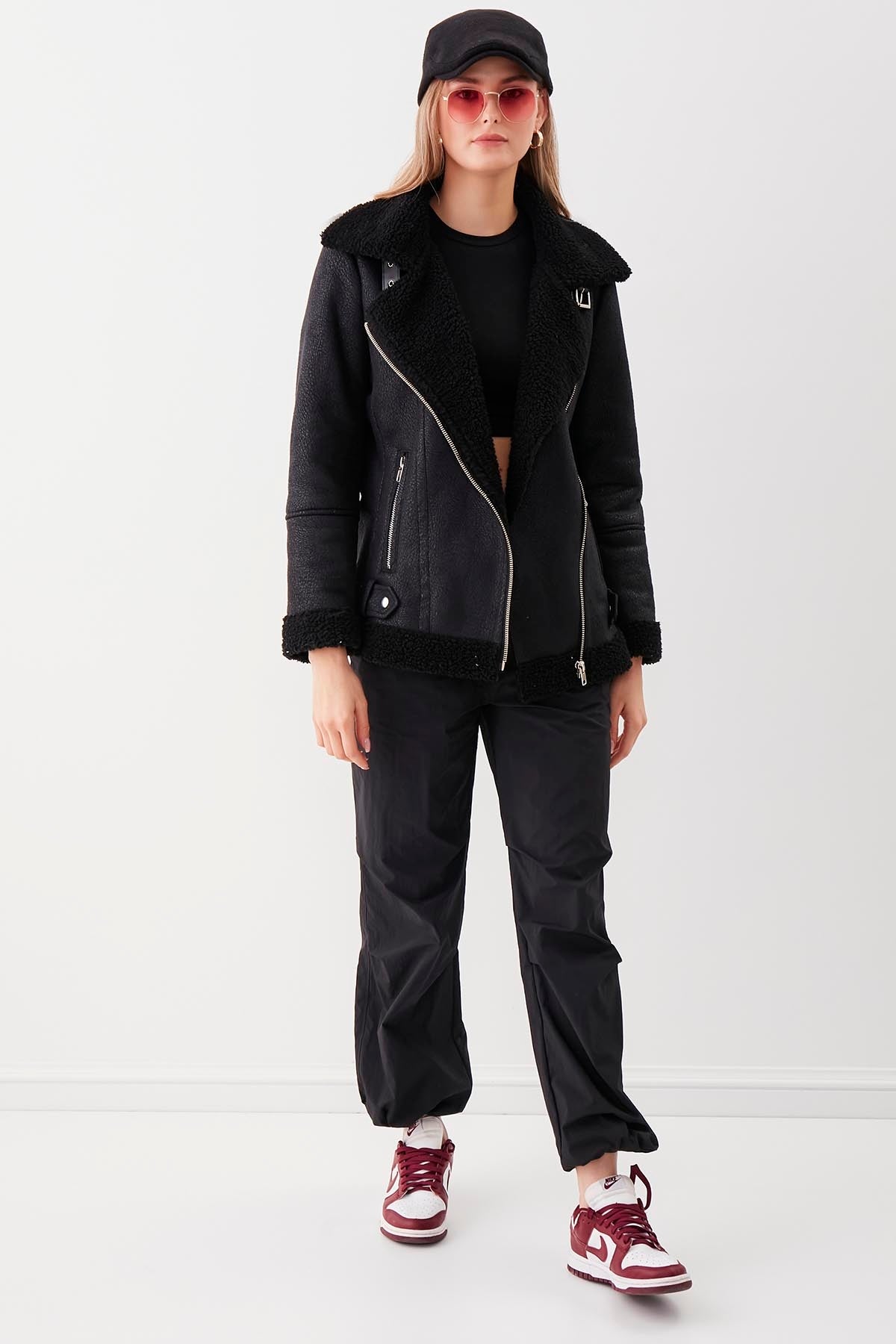 BIKER JACKET WITH FAUX LEATHER COLLAR TIE