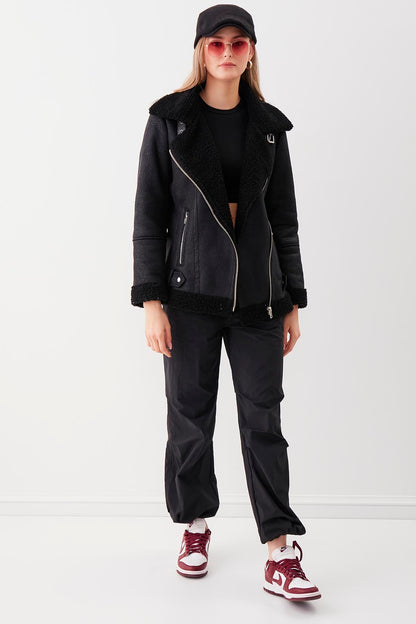 BIKER JACKET WITH FAUX LEATHER COLLAR TIE