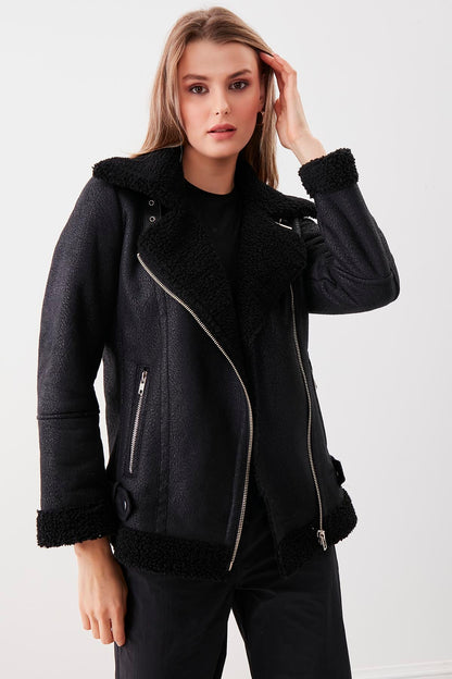 BIKER JACKET WITH FAUX LEATHER COLLAR TIE