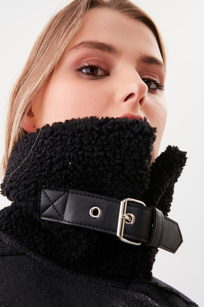 BIKER JACKET WITH FAUX LEATHER COLLAR TIE