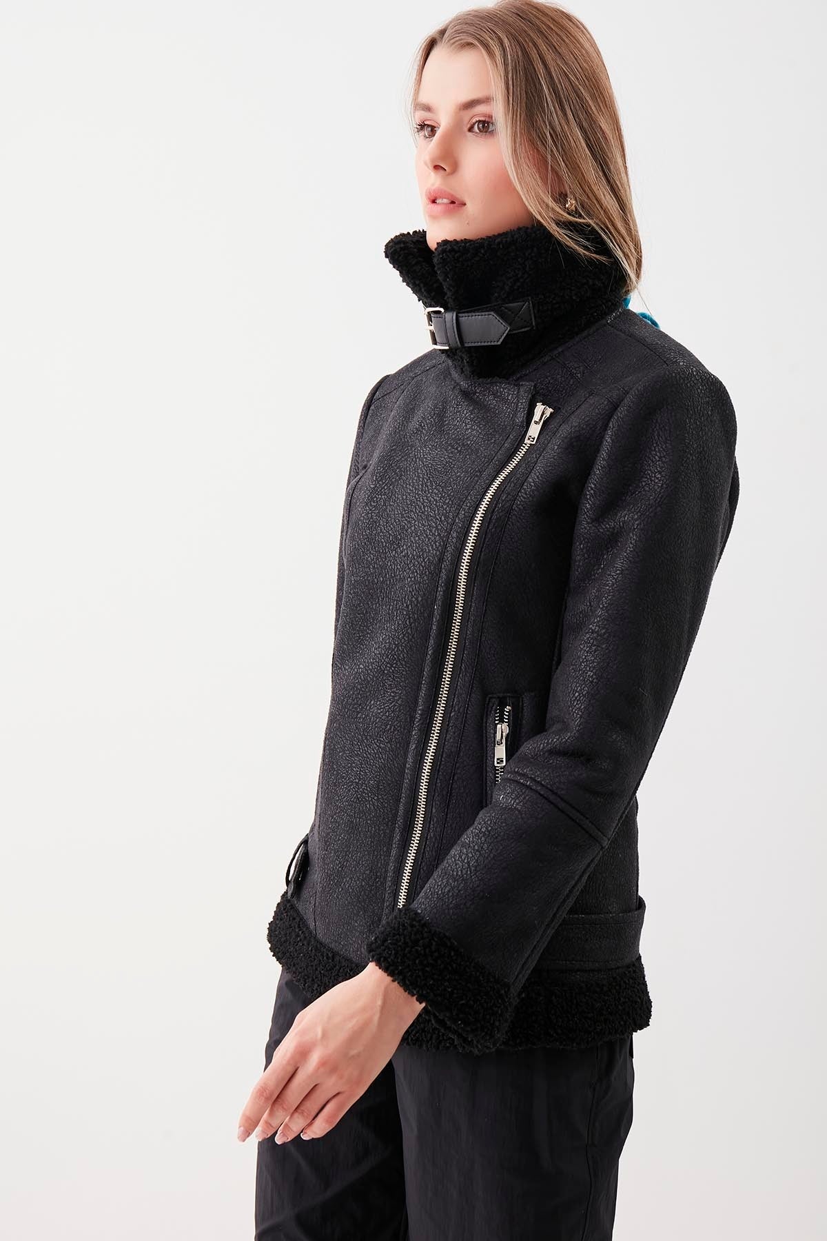 BIKER JACKET WITH FAUX LEATHER COLLAR TIE