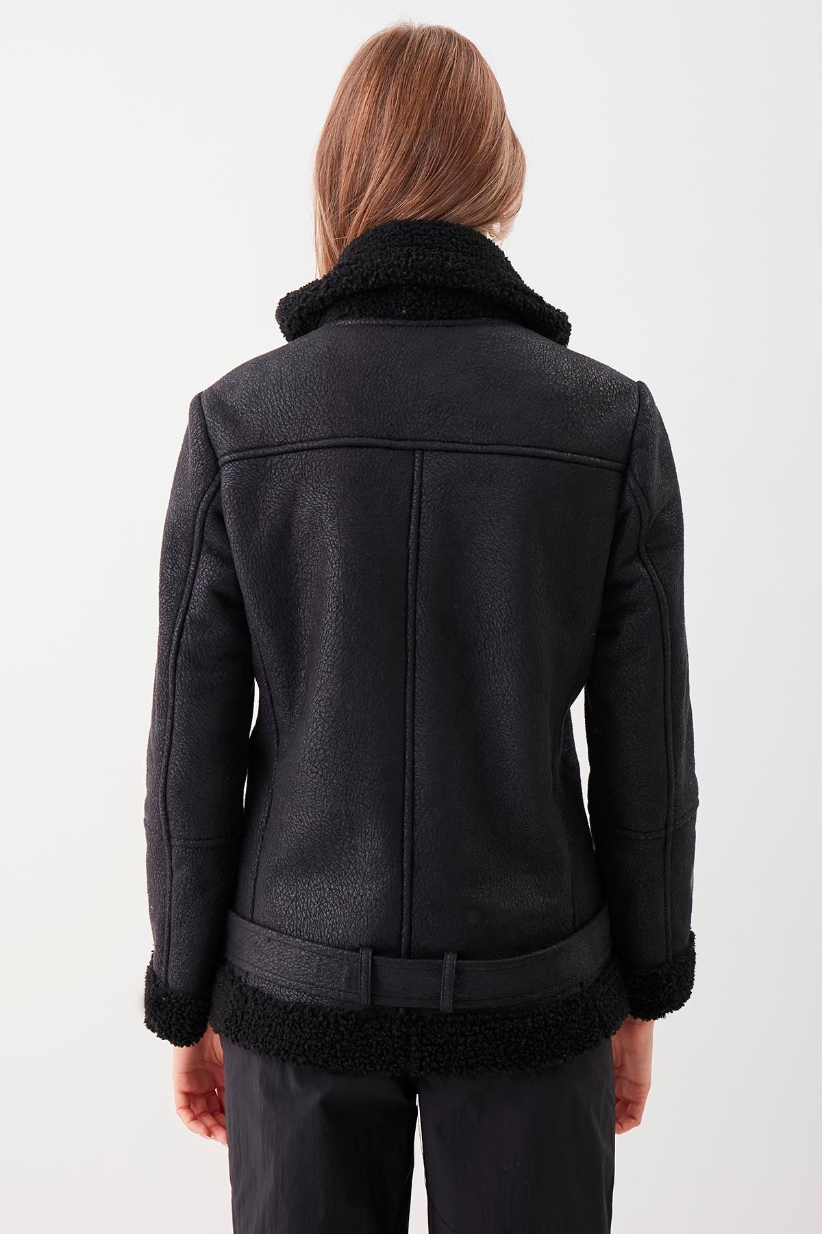 BIKER JACKET WITH FAUX LEATHER COLLAR TIE