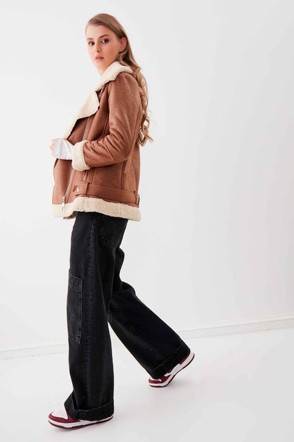 BIKER JACKET WITH FAUX LEATHER COLLAR TIE