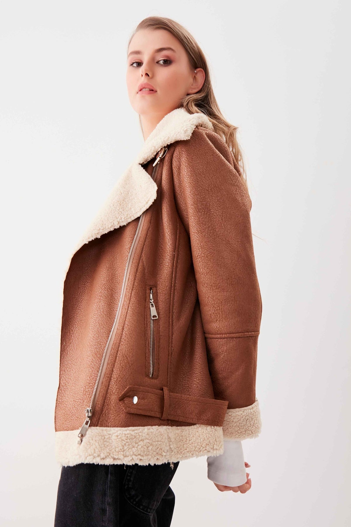 BIKER JACKET WITH FAUX LEATHER COLLAR TIE