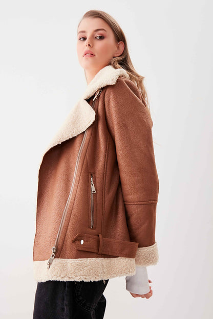 BIKER JACKET WITH FAUX LEATHER COLLAR TIE