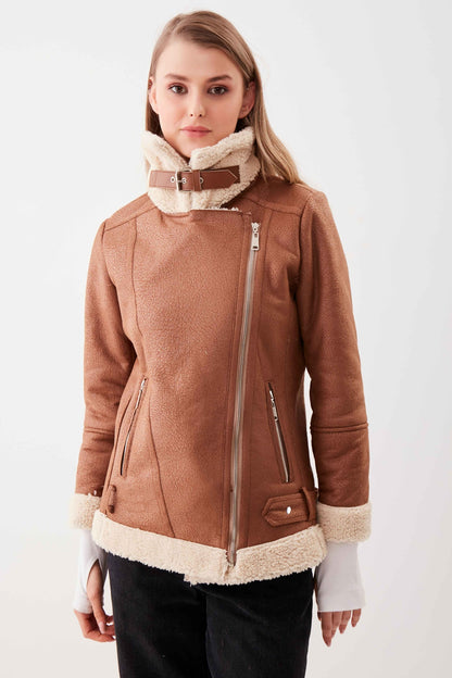BIKER JACKET WITH FAUX LEATHER COLLAR TIE