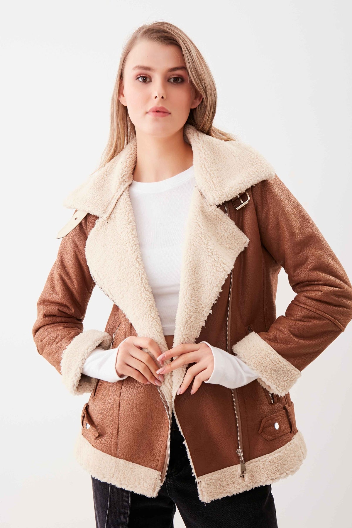BIKER JACKET WITH FAUX LEATHER COLLAR TIE