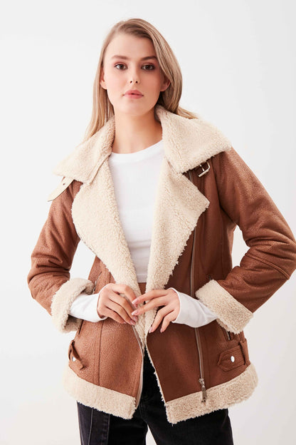 BIKER JACKET WITH FAUX LEATHER COLLAR TIE